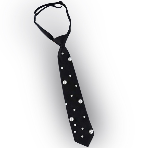 •Pearl Kissed• Sleek Black Faux Pearl Embellished Adjustable Neck Tie - Picture 2 of 2